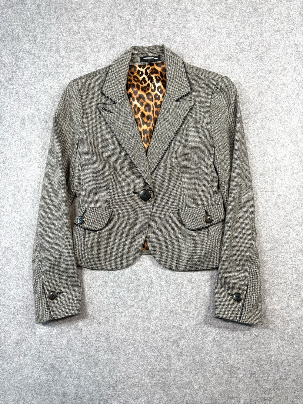 Express Design Studio Gray Herringbone Tweed Blazer Jacket Leopard-Print Lining